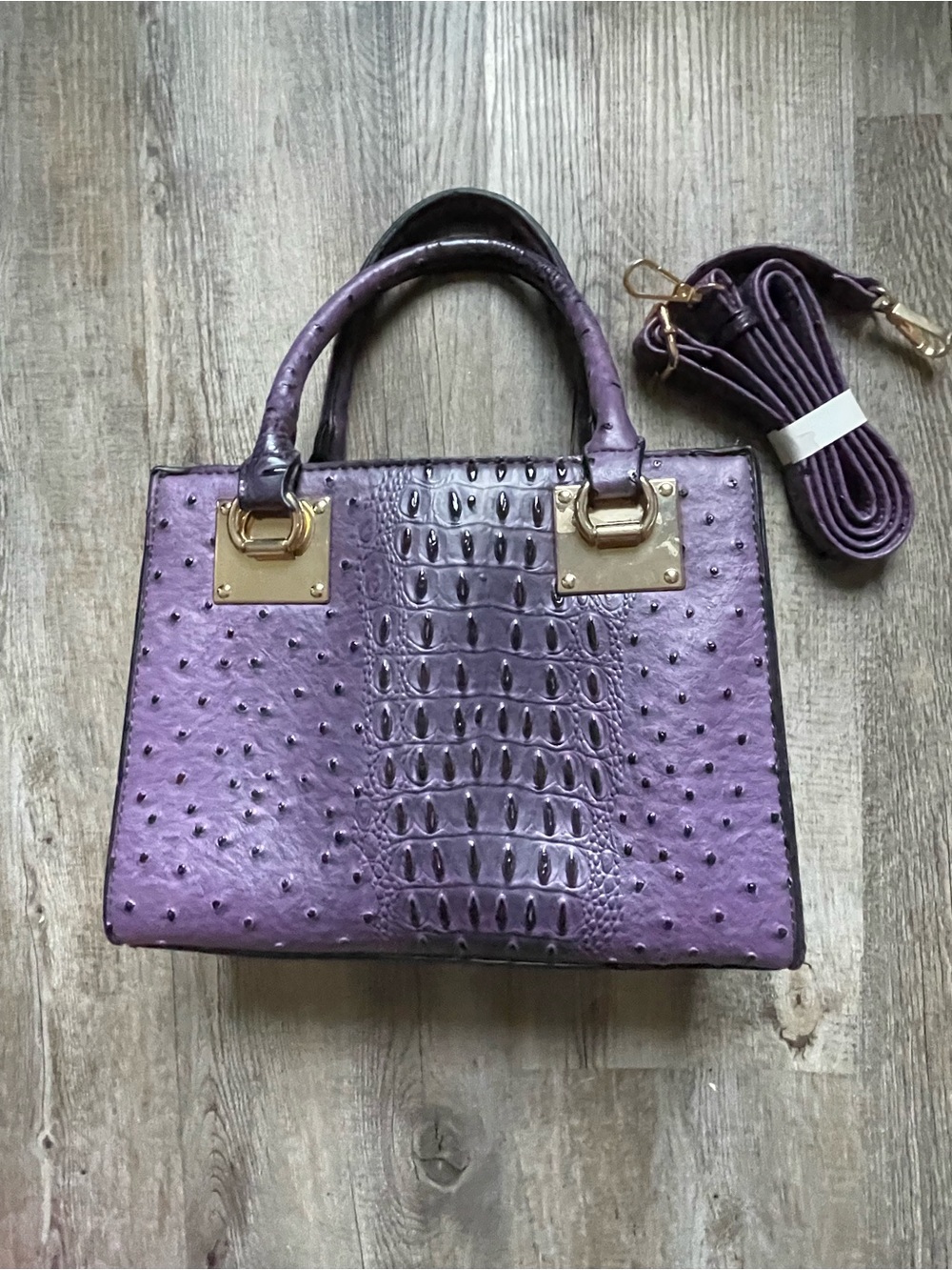 Purple Faux-Ostrich Top-Handle Satchel with Gold Hardware